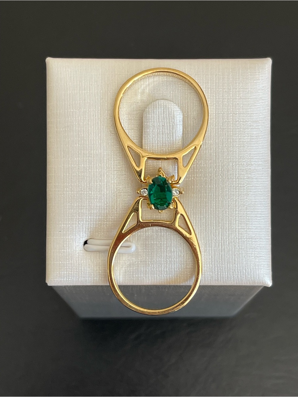 14KT Gold plated reversible simulated Emerald and Diamond ring.